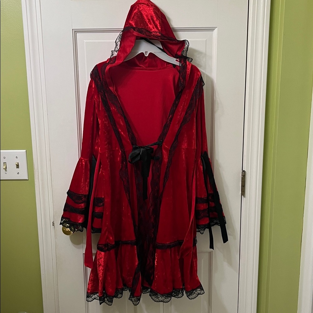 Halloween Red Hooded velvet Robe with Black Lace Trim